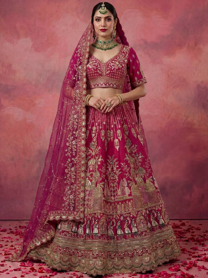 Graceful Pink Embroidered Silk Bridal Lehenga Choli With Double Dupatta