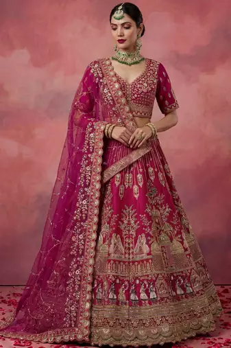 pink embroidered silk bridal lehenga choli with double dupatta set