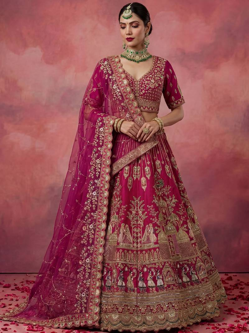 Graceful Pink Embroidered Silk Bridal Lehenga Choli With Double Dupatta