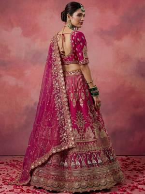 pink embroidered silk bridal lehenga choli with double dupatta set 4