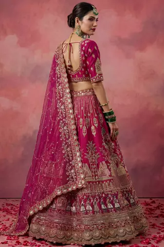 pink embroidered silk bridal lehenga choli with double dupatta set