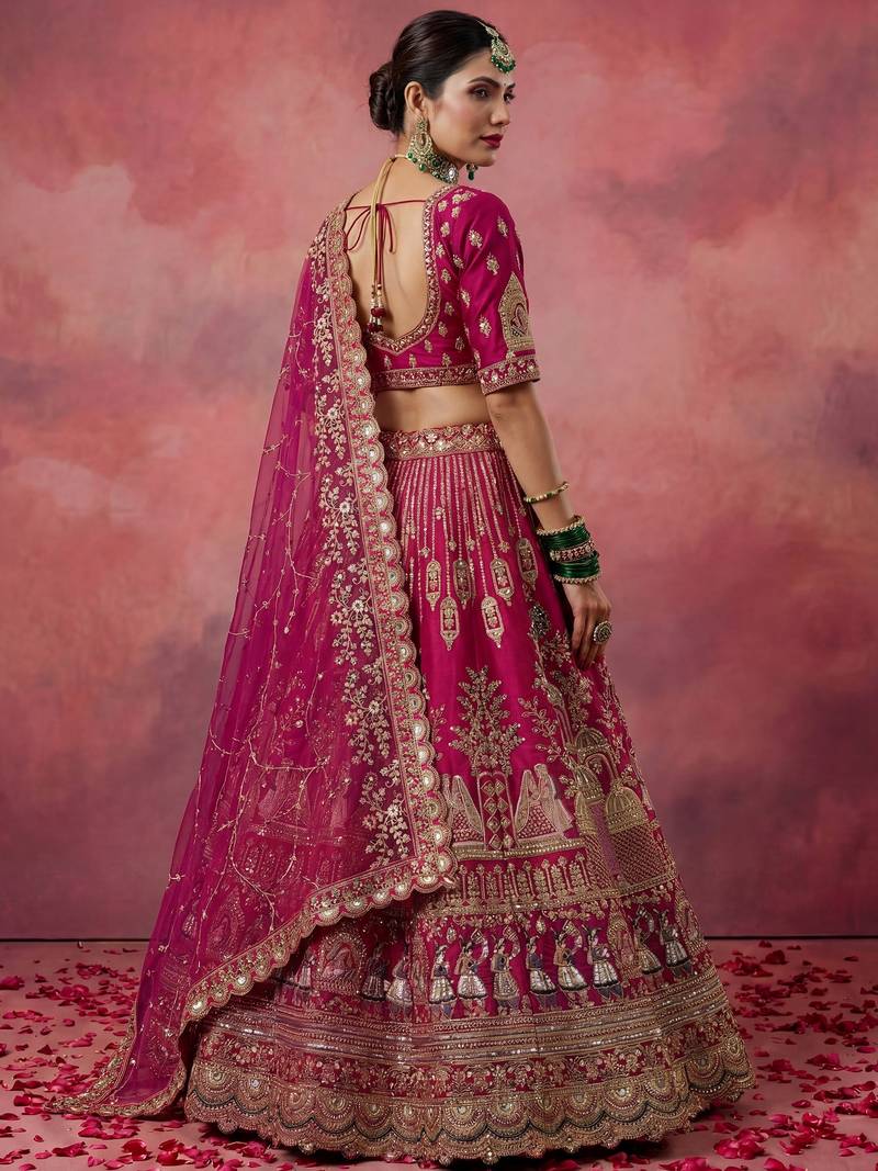 Graceful Pink Embroidered Silk Bridal Lehenga Choli With Double Dupatta