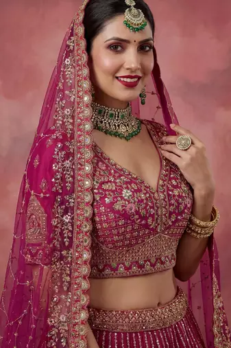 pink embroidered silk bridal lehenga choli with double dupatta set