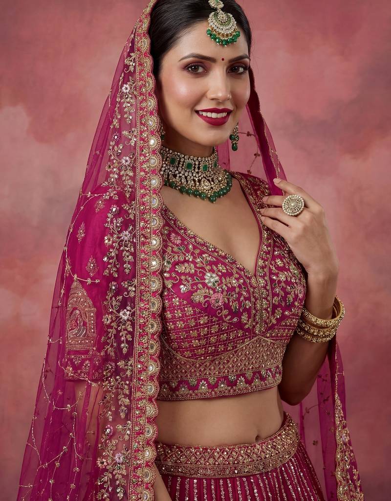 Graceful Pink Embroidered Silk Bridal Lehenga Choli With Double Dupatta
