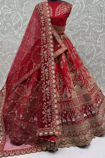 red embroidered silk bridal lehenga choli with double dupatta