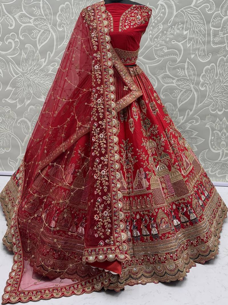 red embroidered silk bridal lehenga choli with double dupatta