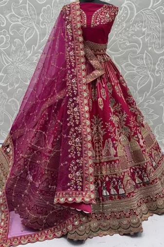 pink embroidered silk bridal lehenga choli with double dupatta set