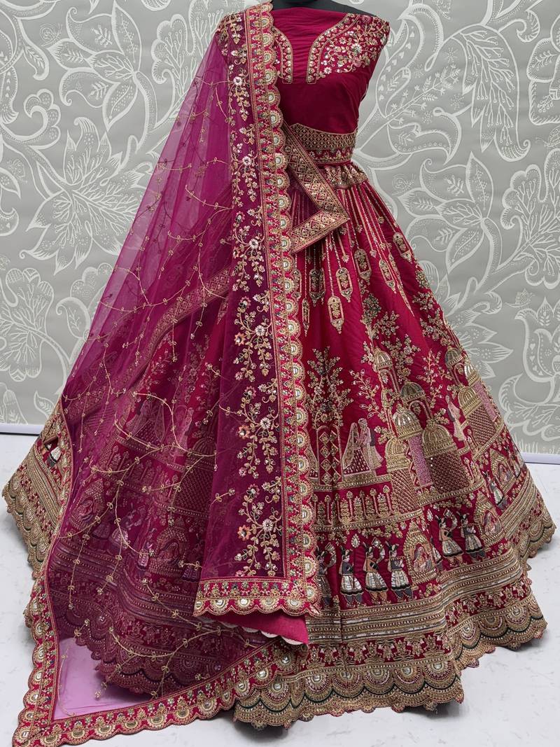 Graceful Pink Embroidered Silk Bridal Lehenga Choli With Double Dupatta