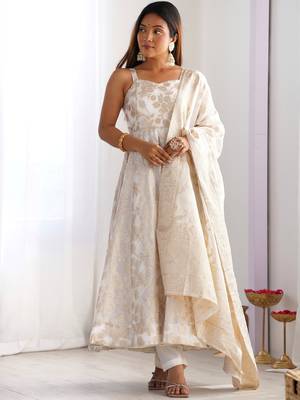 Magnificent Off-White Zari Weaving Silk Festival Wear Anarakali Suit 1