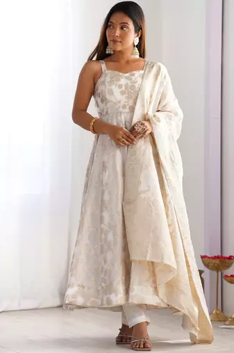 Magnificent Off-White Zari Weaving Silk Festival Wear Anarakali Suit