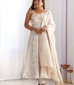 Magnificent Off-White Zari Weaving Silk Festival Wear Anarakali Suit