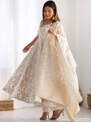 Magnificent Off-White Zari Weaving Silk Festival Wear Anarakali Suit 3