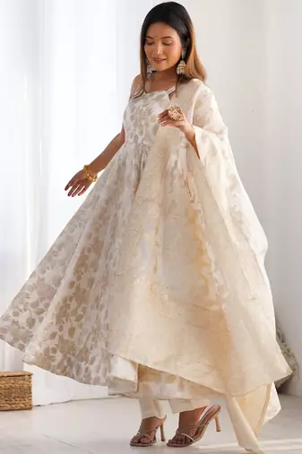 Magnificent Off-White Zari Weaving Silk Festival Wear Anarakali Suit