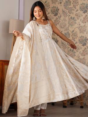 Magnificent Off-White Zari Weaving Silk Festival Wear Anarakali Suit 4