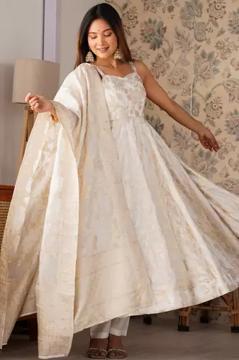 Magnificent Off-White Zari Weaving Silk Festival Wear Anarakali Suit