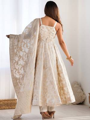 Magnificent Off-White Zari Weaving Silk Festival Wear Anarakali Suit 5