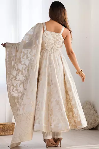 Magnificent Off-White Zari Weaving Silk Festival Wear Anarakali Suit