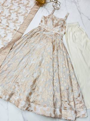 Magnificent Off-White Zari Weaving Silk Festival Wear Anarakali Suit 7