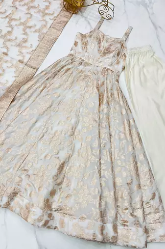 Magnificent Off-White Zari Weaving Silk Festival Wear Anarakali Suit