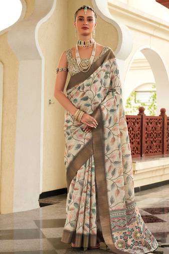  cream digital print tusser silk saree with unstitched blouse