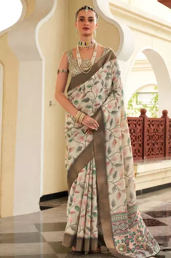  cream digital print tusser silk saree with unstitched blouse