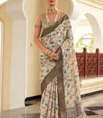  cream digital print tusser silk saree with unstitched blouse