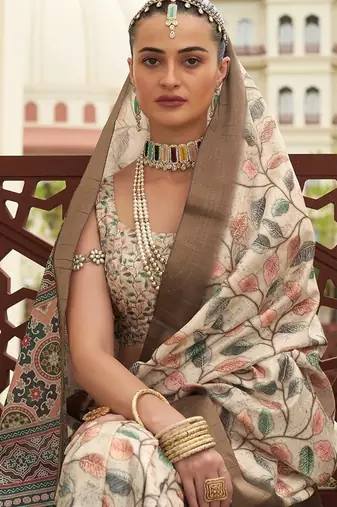  cream digital print tusser silk saree with unstitched blouse