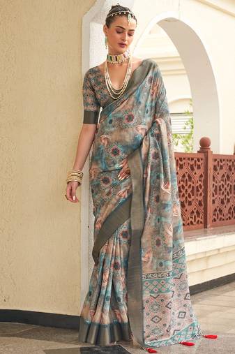 Peach digital print tusser silk saree with unstitched blouse