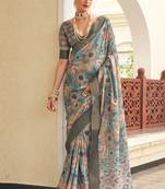 Peach digital print tusser silk saree with unstitched blouse