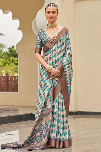 Teal digital print tusser silk saree with unstitched blouse