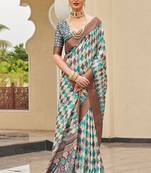Teal digital print tusser silk saree with unstitched blouse