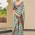 Teal digital print tusser silk saree with unstitched blouse