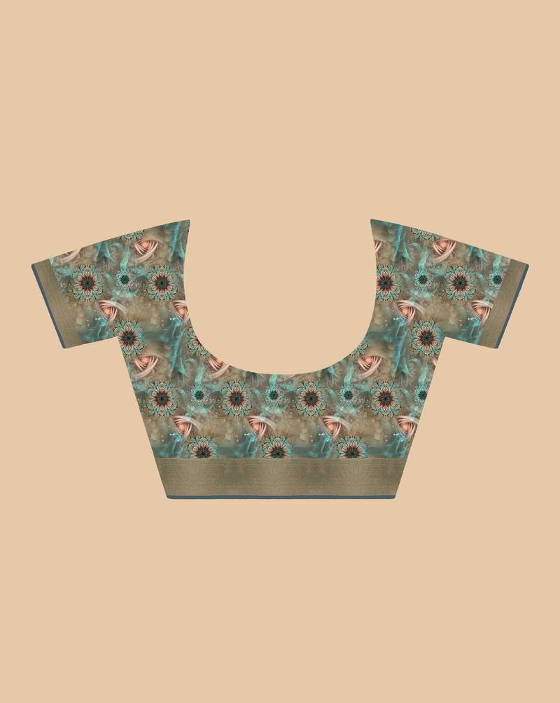 Peach digital print tusser silk saree with unstitched blouse