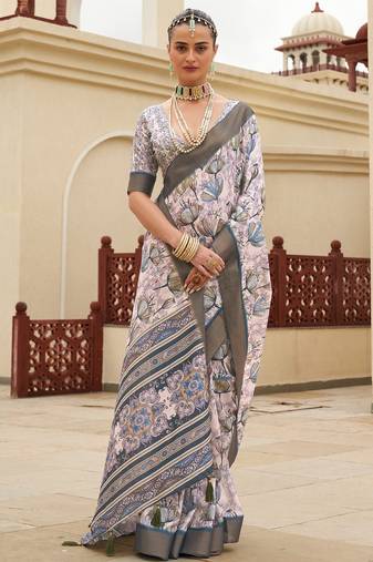 Light baby pink digital print tusser silk saree with unstitched blouse