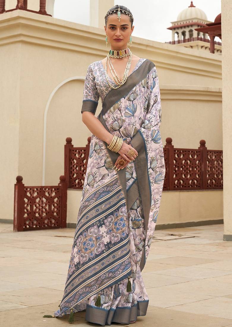 Light baby pink digital print tusser silk saree with unstitched blouse