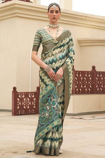 Green digital print tusser silk saree with unstitched blouse