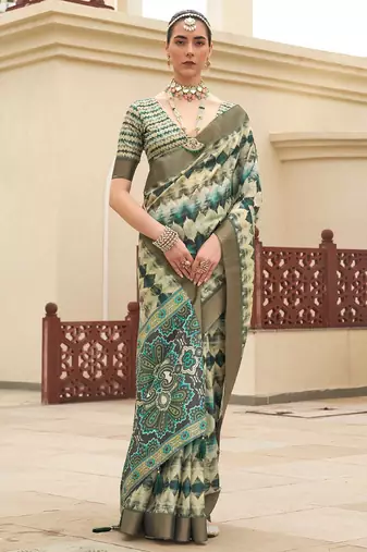 Green digital print tusser silk saree with unstitched blouse