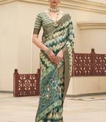 Green digital print tusser silk saree with unstitched blouse
