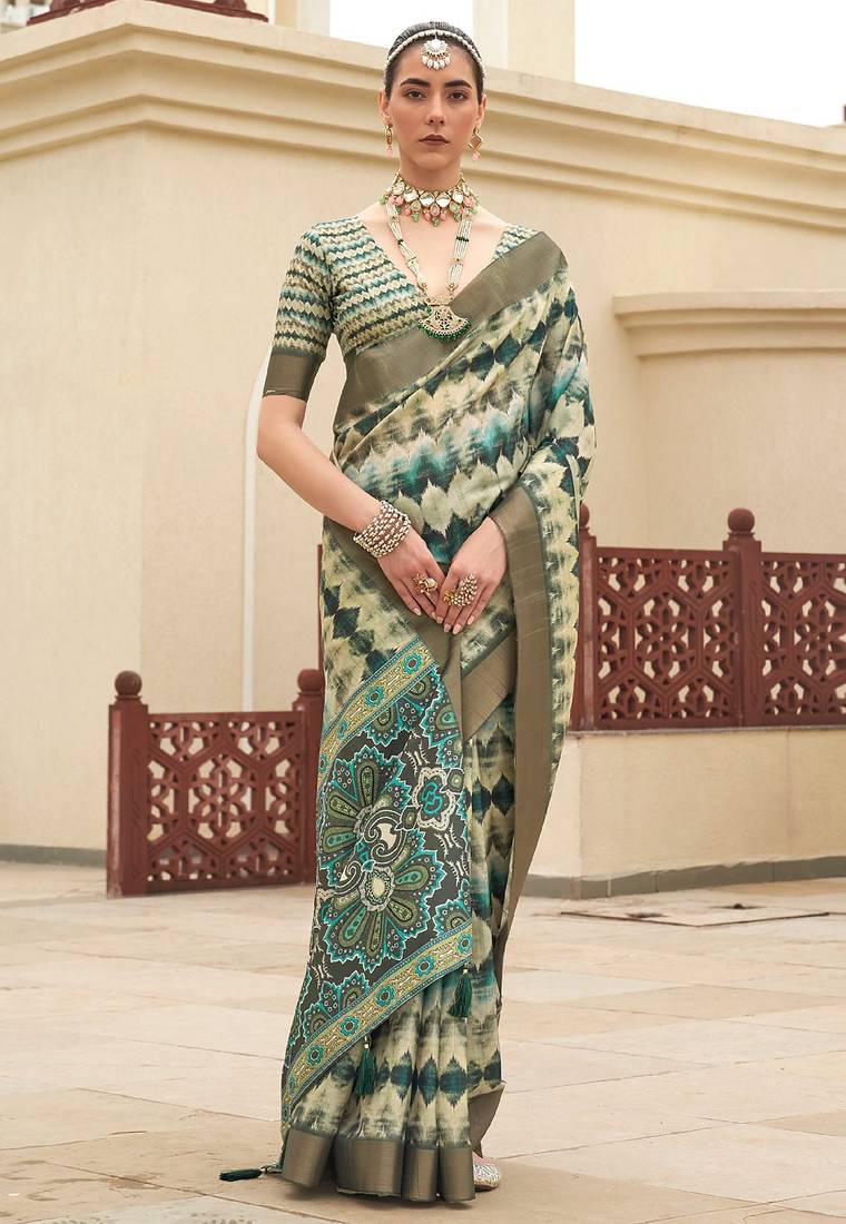 Green digital print tusser silk saree with unstitched blouse