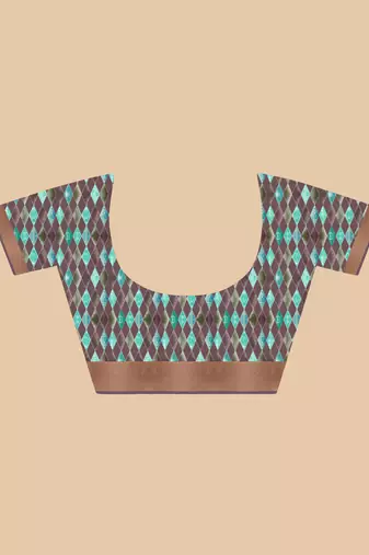 Teal digital print tusser silk saree with unstitched blouse