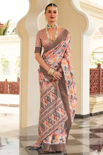 Orange digital print tusser silk saree with unstitched blouse