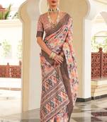 Orange digital print tusser silk saree with unstitched blouse