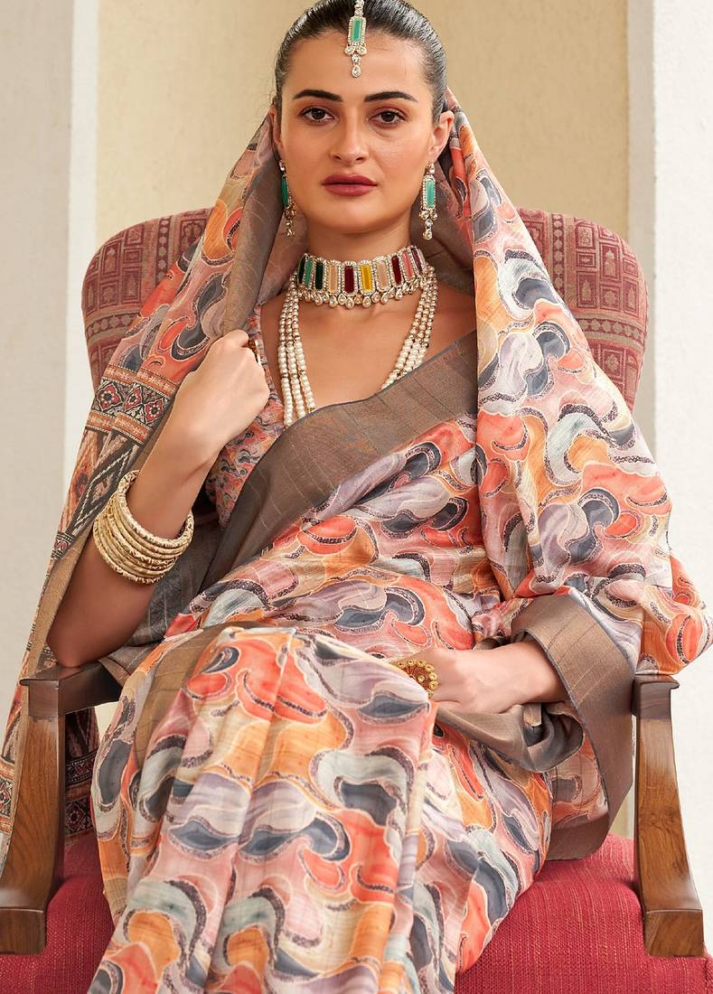 Orange digital print tusser silk saree with unstitched blouse