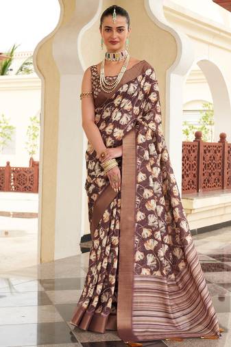 Brown digital print tusser silk saree with unstitched blouse