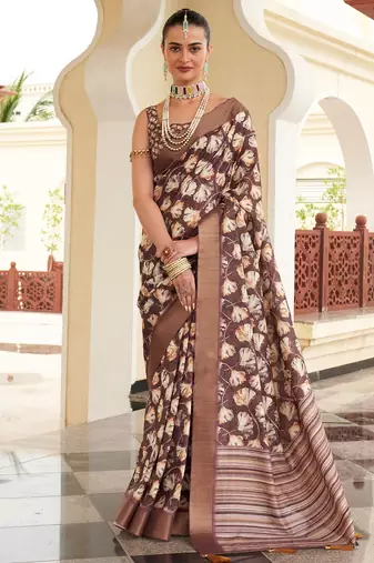 Brown digital print tusser silk saree with unstitched blouse