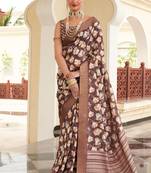 Brown digital print tusser silk saree with unstitched blouse