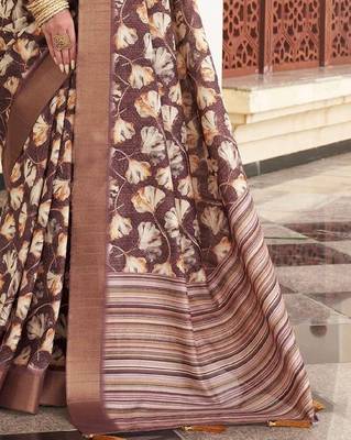 Brown digital print tusser silk saree with unstitched blouse 4