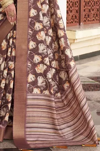 Brown digital print tusser silk saree with unstitched blouse
