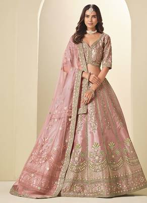 light pink embroidered art silk blend lehenga choli with dupatta 1