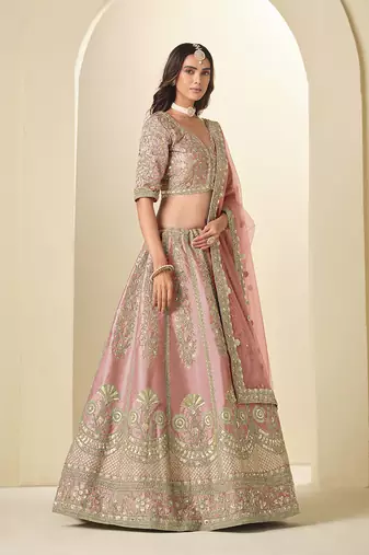 light pink embroidered art silk blend lehenga choli with dupatta